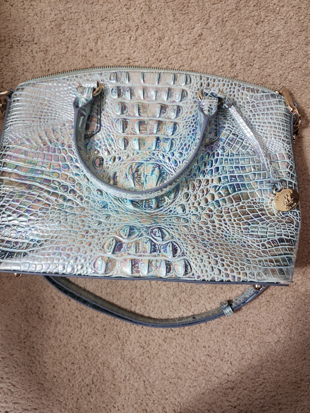 Iridescent Croc-Embossed Satchel Handbag - Silver Blue